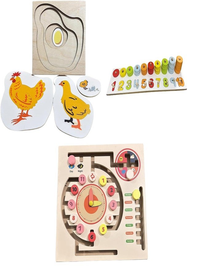 Kinder Creative Hen Life Cycle Layering Puzzle,Peg Number Ring Counting Set,Maze Game Weather Calendar Clock Puzzle, Educational Puzzle and Toys for Kids Pack of 3 - Image 1